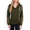 Green Large Waffle Knit Hoodie with Long Sleeves Featuring Contrast Patchwork Casual Pullover Top