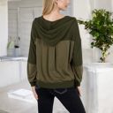 Green Large Waffle Knit Hoodie with Long Sleeves Featuring Contrast Patchwork Casual Pullover Top