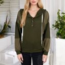 Green Large Waffle Knit Hoodie with Long Sleeves Featuring Contrast Patchwork Casual Pullover Top