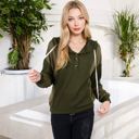 Green Large Waffle Knit Hoodie with Long Sleeves Featuring Contrast Patchwork Casual Pullover Top