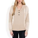 Beige Large Waffle Knit Hoodie with Long Sleeves Featuring Contrast Patchwork Casual Pullover Top