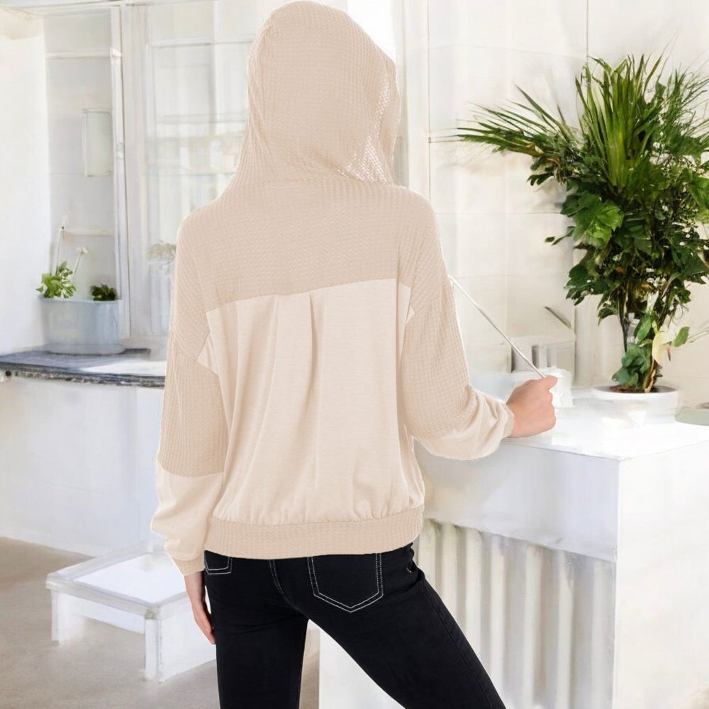 Waffle Knit Hoodie with Long Sleeves Featuring Contrast Patchwork Casual Pullover Top