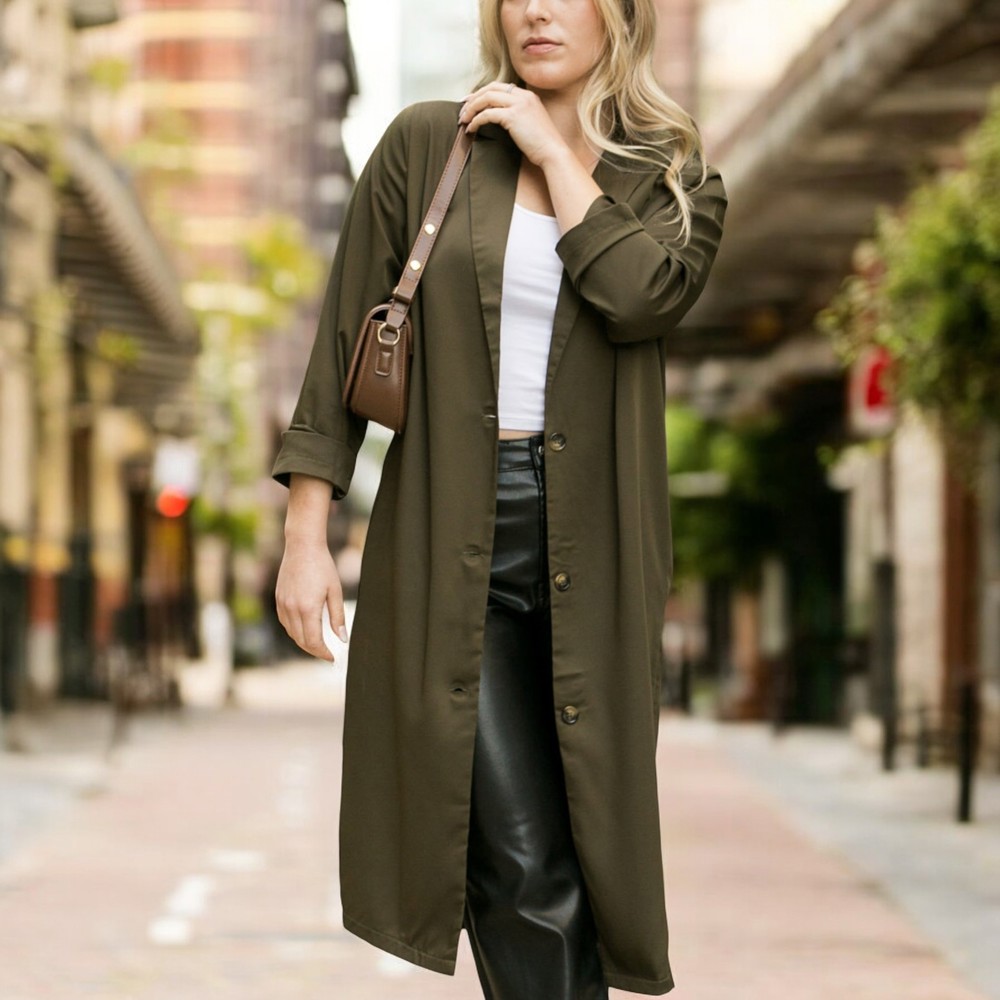 Long Sleeve Open Front Blazer Coat with Notch Lapels and Button Closure