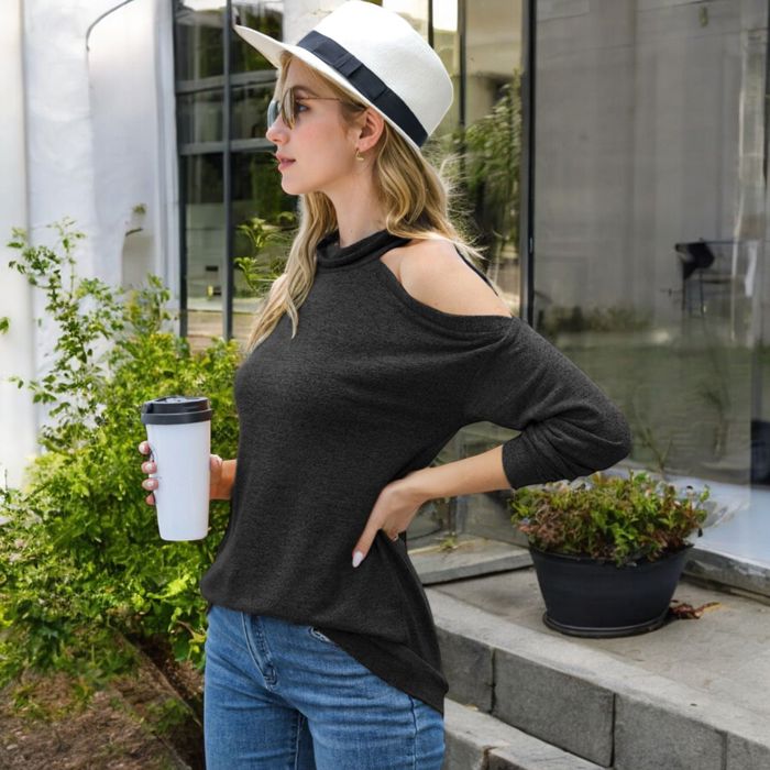 Cold Shoulder Long Sleeve Top with Cowl Neck Detail