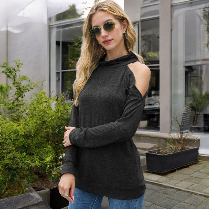 Cold Shoulder Long Sleeve Top with Cowl Neck Detail