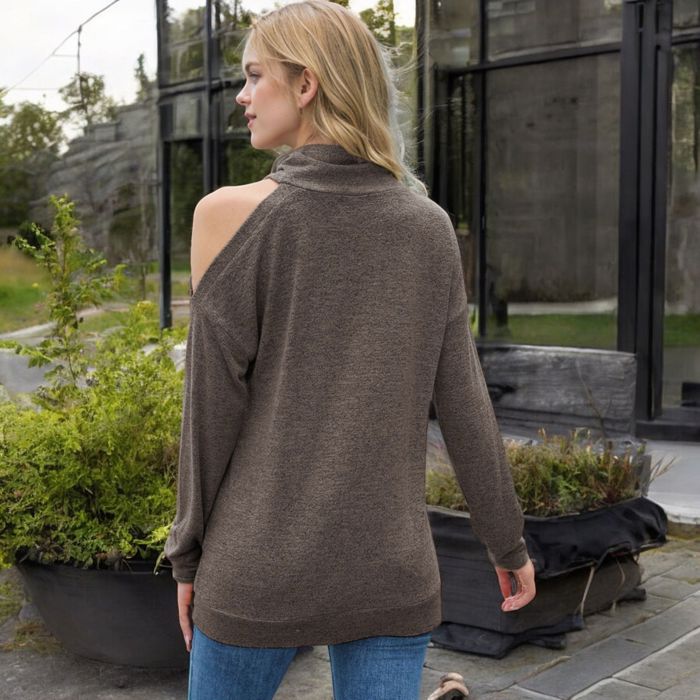 Cold Shoulder Long Sleeve Top with Cowl Neck Detail