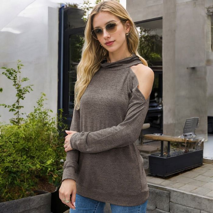 Cold Shoulder Long Sleeve Top with Cowl Neck Detail