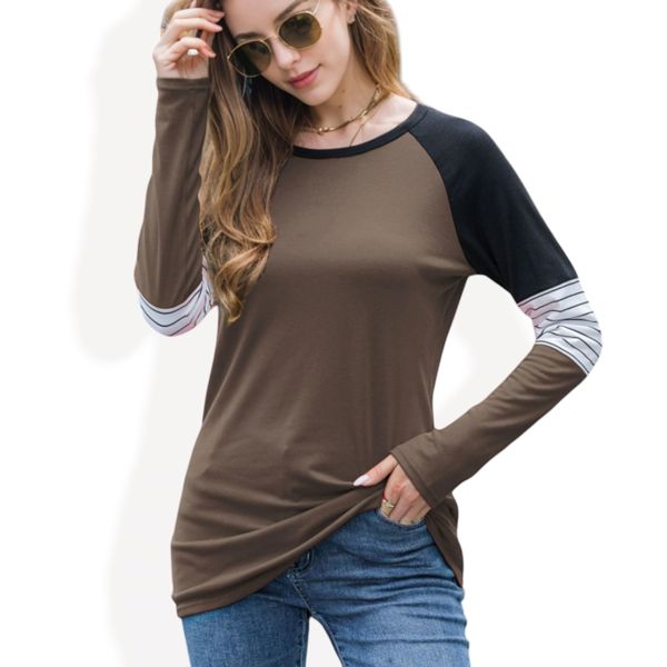 Long Sleeve Color Block Raglan Top with Striped Sleeve Detail