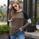 Brown Large Long Sleeve Color Block Raglan Top with Striped Sleeve Detail