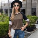 Brown Large Long Sleeve Color Block Raglan Top with Striped Sleeve Detail