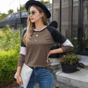 Brown Large Long Sleeve Color Block Raglan Top with Striped Sleeve Detail