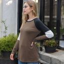 Brown Large Long Sleeve Color Block Raglan Top with Striped Sleeve Detail