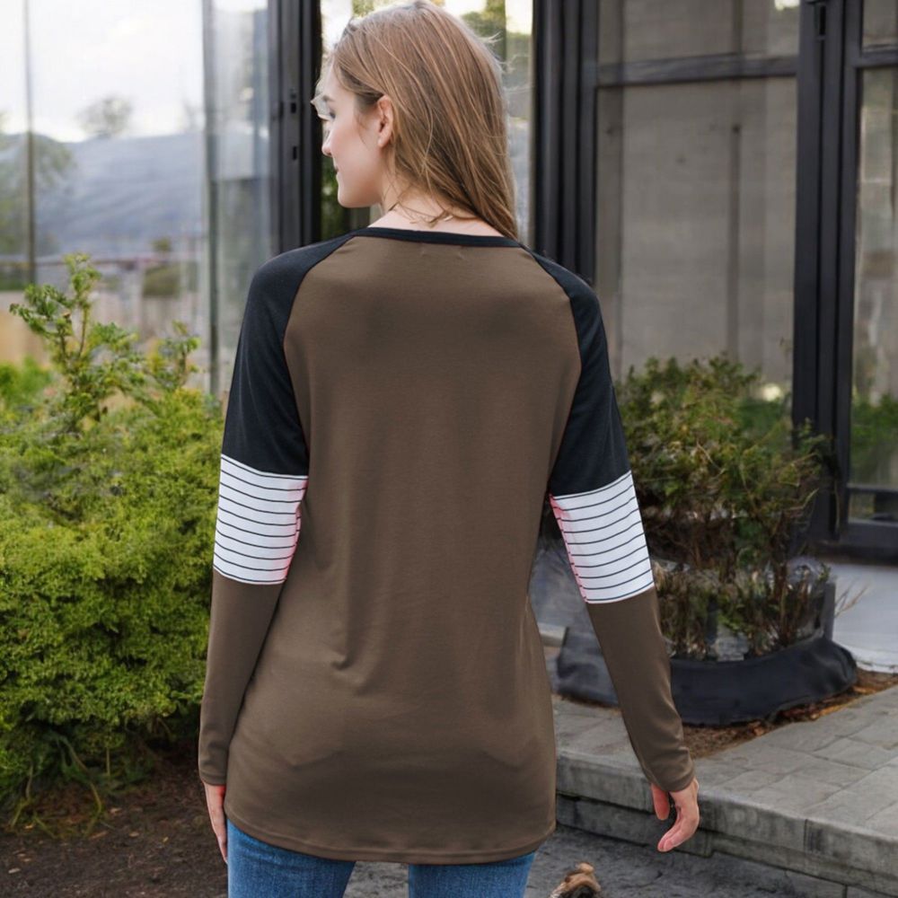 Long Sleeve Color Block Raglan Top with Striped Sleeve Detail