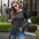 Gray Large Long Sleeve Color Block Raglan Top with Striped Sleeve Detail