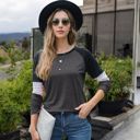 Gray Large Long Sleeve Color Block Raglan Top with Striped Sleeve Detail