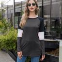 Gray Large Long Sleeve Color Block Raglan Top with Striped Sleeve Detail