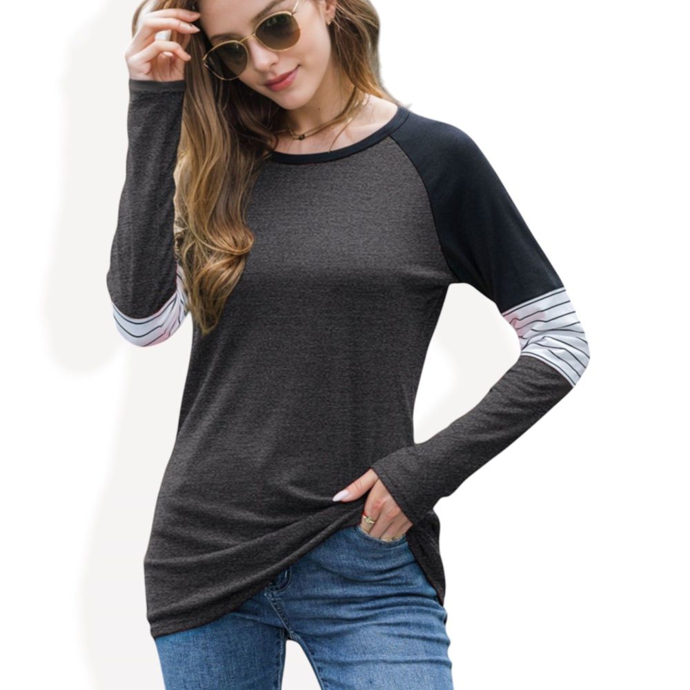 Long Sleeve Color Block Raglan Top with Striped Sleeve Detail