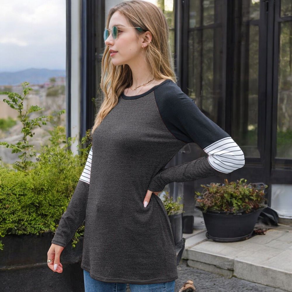 Long Sleeve Color Block Raglan Top with Striped Sleeve Detail