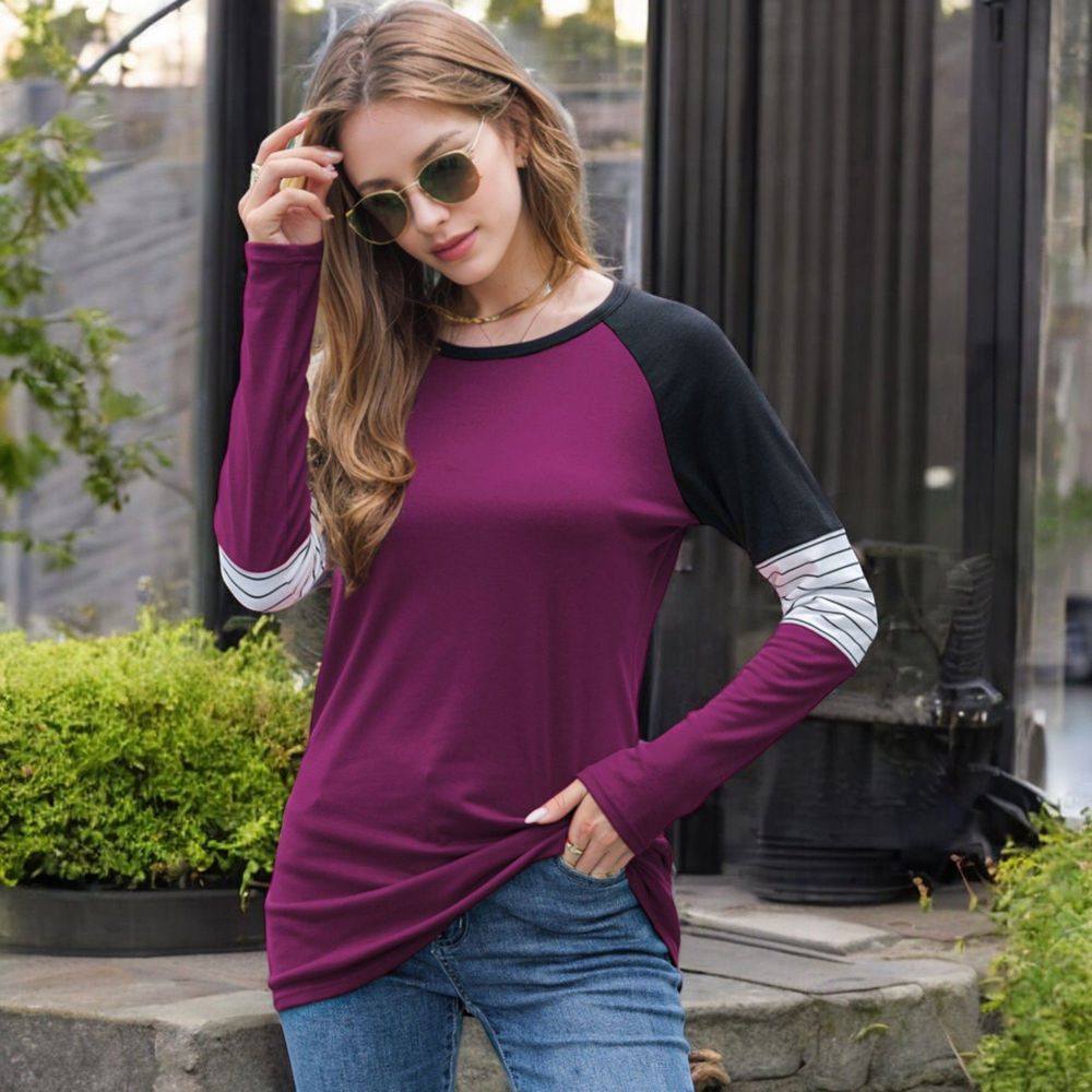 Long Sleeve Color Block Raglan Top with Striped Sleeve Detail