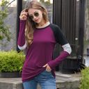 Purple Large Long Sleeve Color Block Raglan Top with Striped Sleeve Detail