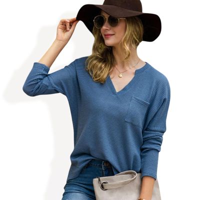 Long Sleeve V-Neck Waffle Knit Top with Chest Pocket