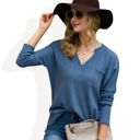  Long Sleeve V-Neck Waffle Knit Top with Chest Pocket