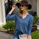 Blue Large Long Sleeve V-Neck Waffle Knit Top with Chest Pocket