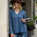 Blue Large Long Sleeve V-Neck Waffle Knit Top with Chest Pocket