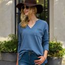 Blue Large Long Sleeve V-Neck Waffle Knit Top with Chest Pocket