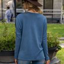 Blue Large Long Sleeve V-Neck Waffle Knit Top with Chest Pocket