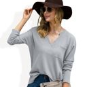 Gray Large Long Sleeve V-Neck Waffle Knit Top with Chest Pocket