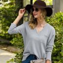 Gray Large Long Sleeve V-Neck Waffle Knit Top with Chest Pocket