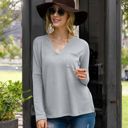 Gray Large Long Sleeve V-Neck Waffle Knit Top with Chest Pocket