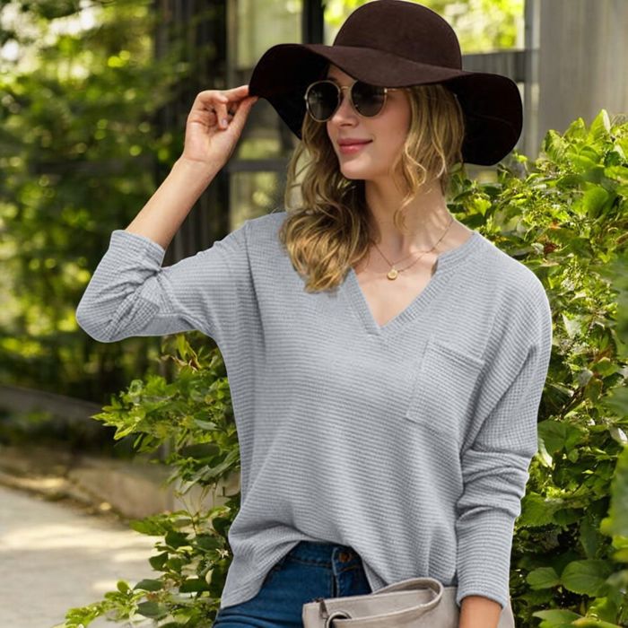 Long Sleeve V-Neck Waffle Knit Top with Chest Pocket