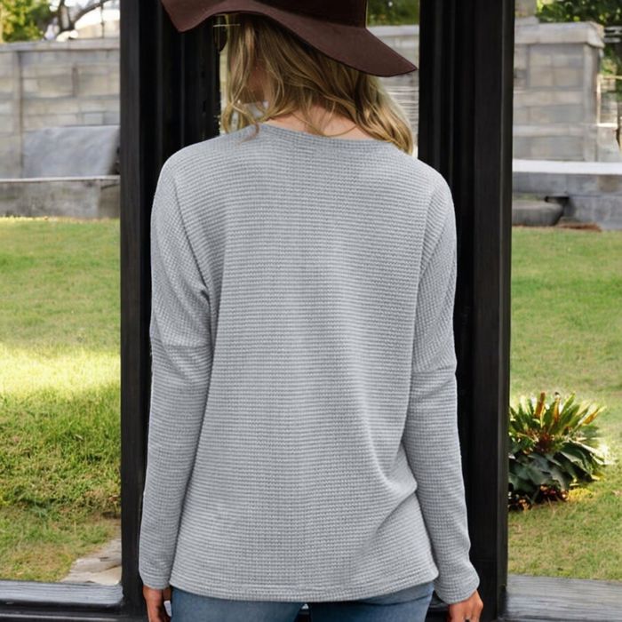 Long Sleeve V-Neck Waffle Knit Top with Chest Pocket