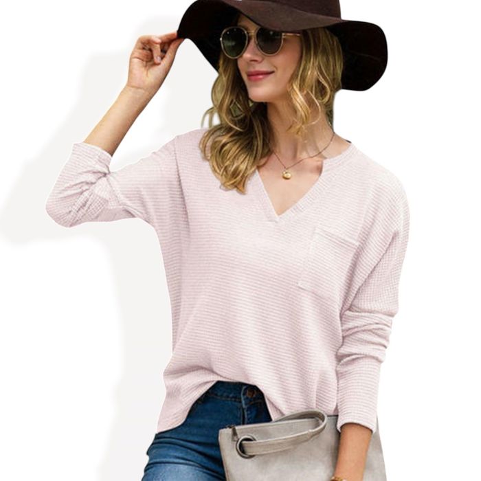 Long Sleeve V-Neck Waffle Knit Top with Chest Pocket