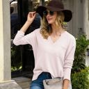 Pink Large Long Sleeve V-Neck Waffle Knit Top with Chest Pocket