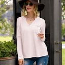 Pink Large Long Sleeve V-Neck Waffle Knit Top with Chest Pocket