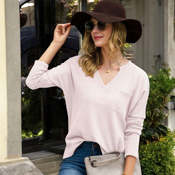 Long Sleeve V-Neck Waffle Knit Top with Chest Pocket