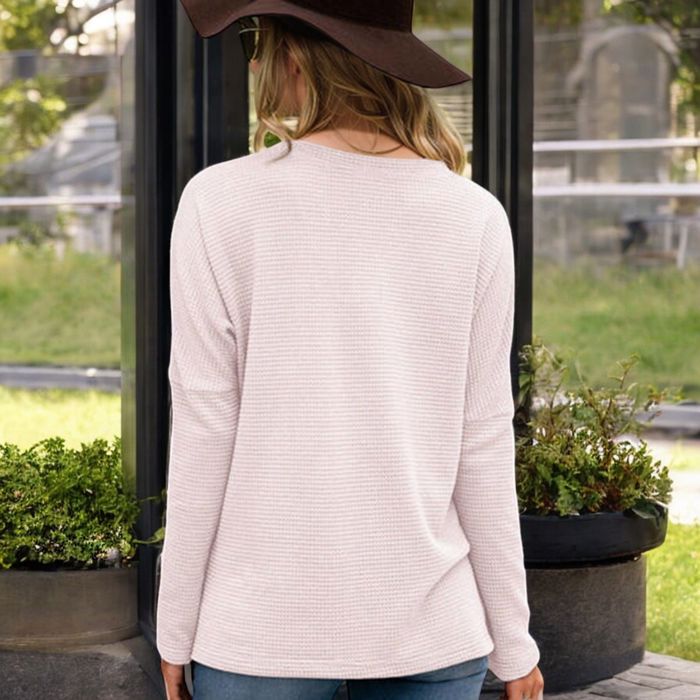 Long Sleeve V-Neck Waffle Knit Top with Chest Pocket