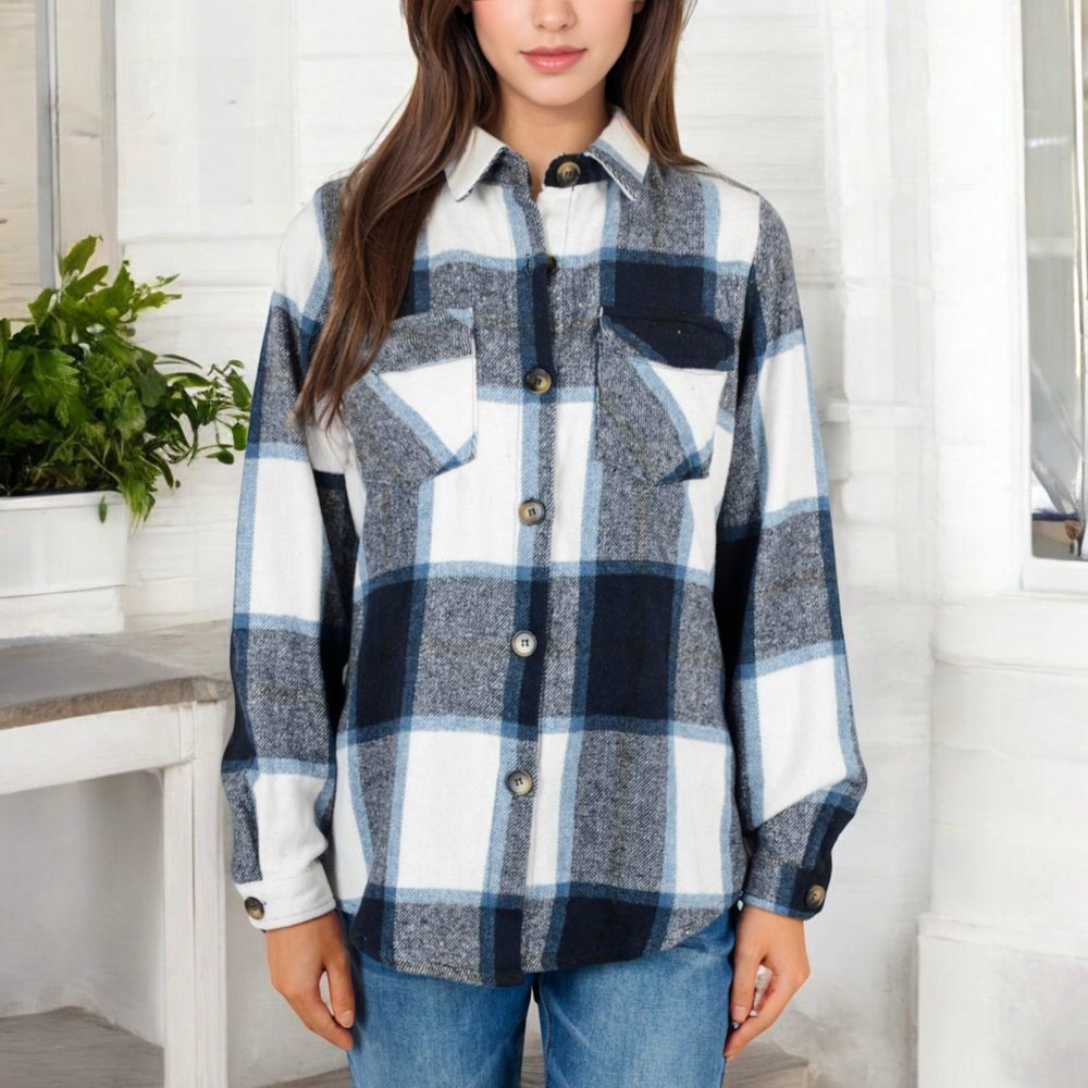 Button-Down Plaid Flannel Shirt with Chest Pockets