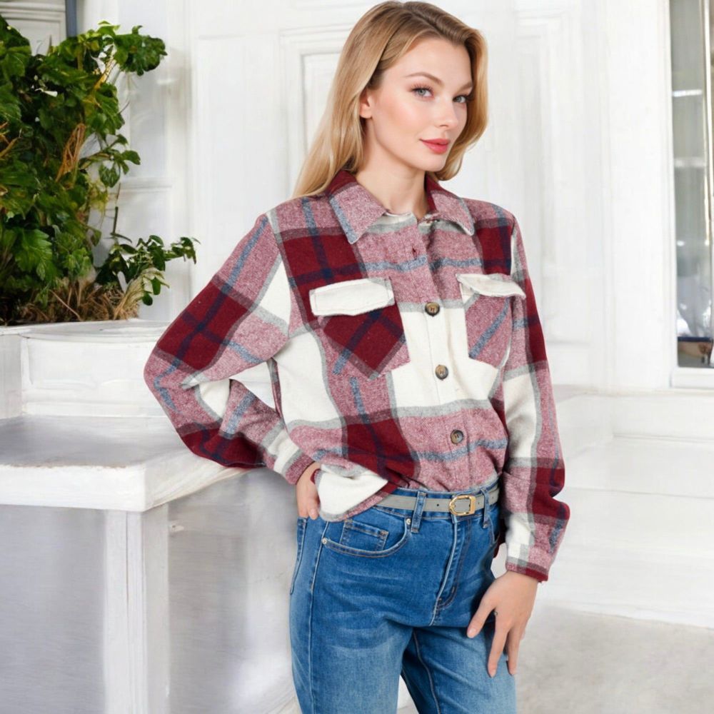 Button-Down Plaid Flannel Shirt with Chest Pockets