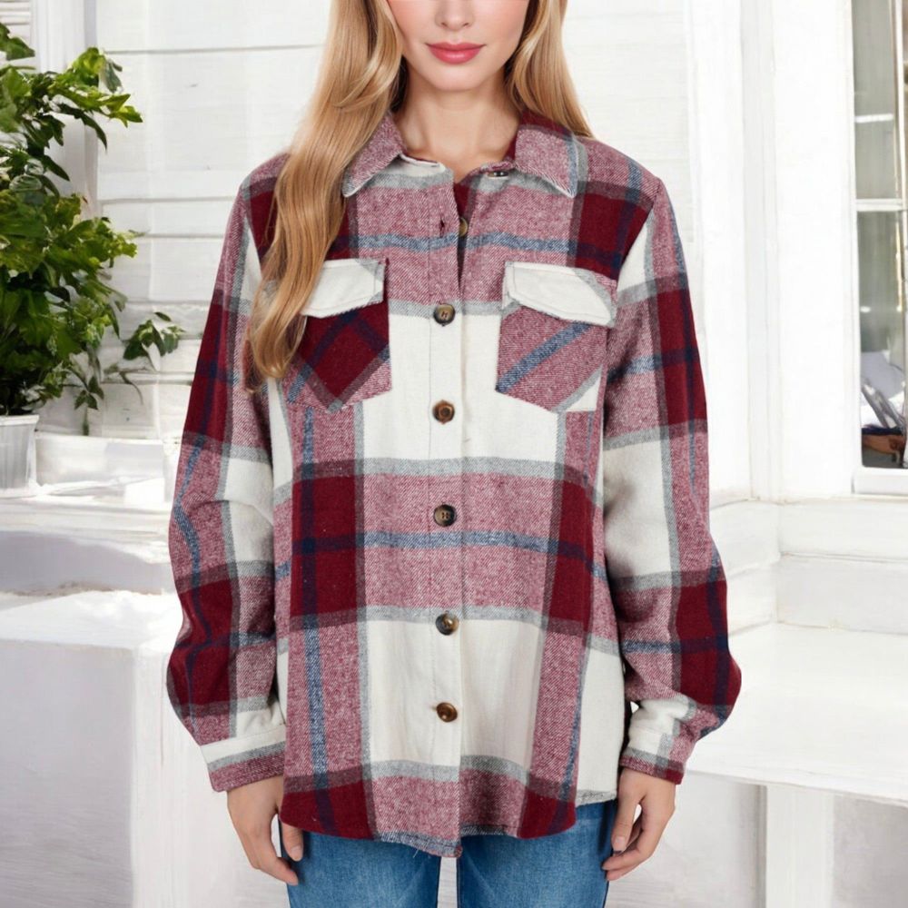 Button-Down Plaid Flannel Shirt with Chest Pockets