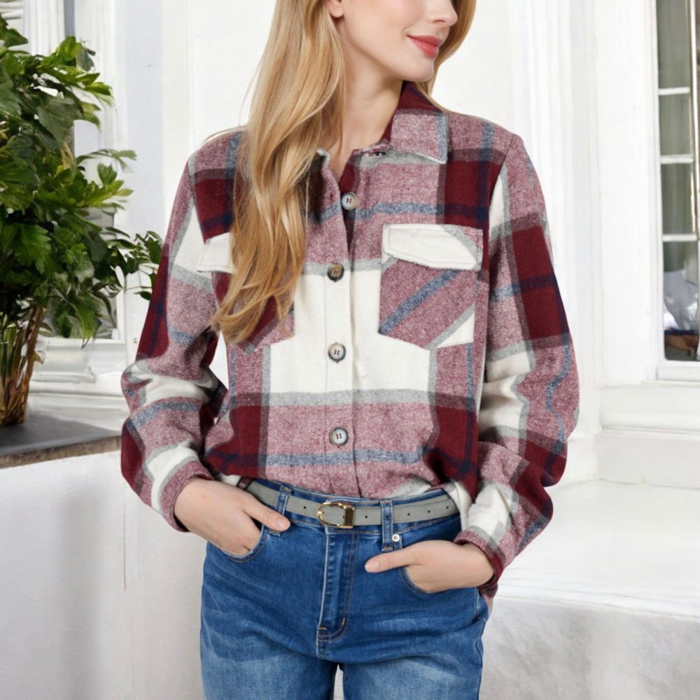 Button-Down Plaid Flannel Shirt with Chest Pockets