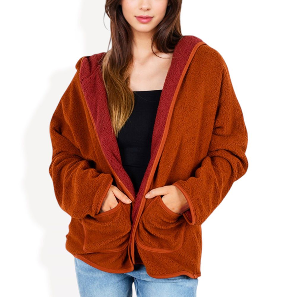 Open-Front Textured  Jacket with Hood and Front Pockets