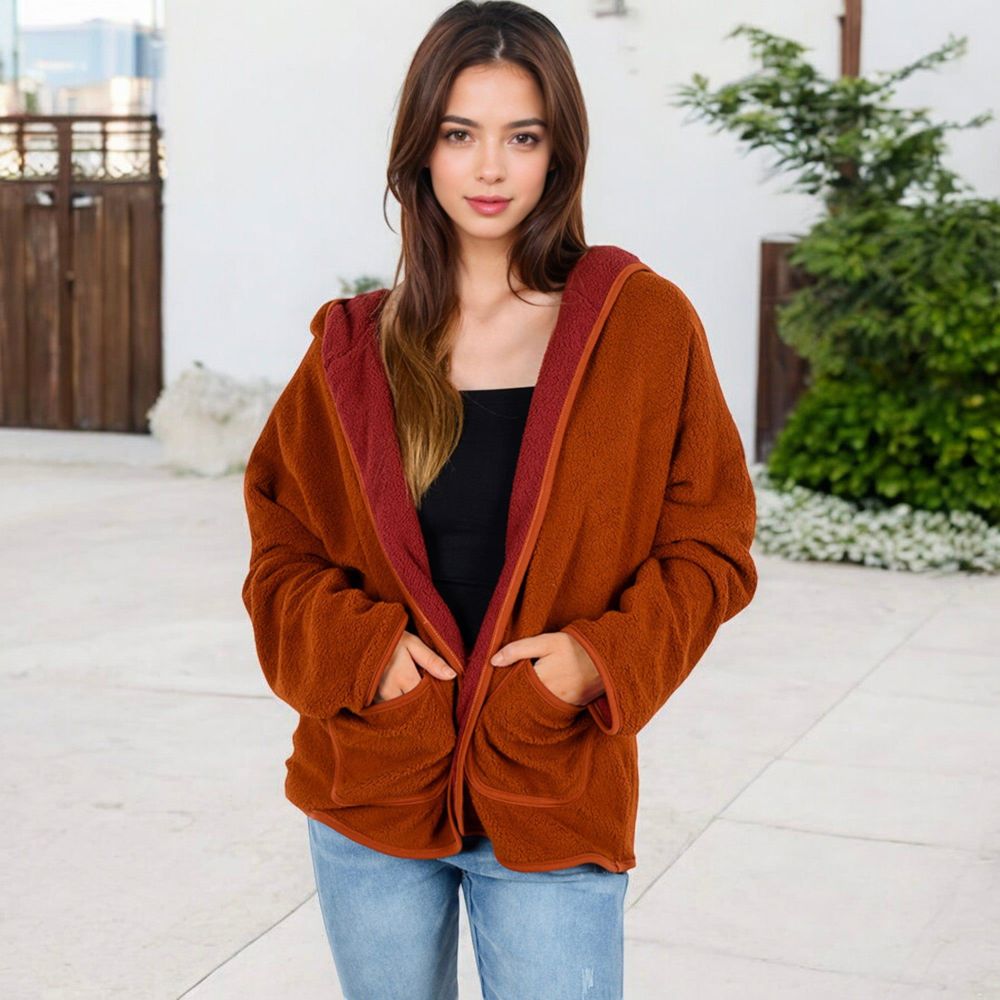 Open-Front Textured  Jacket with Hood and Front Pockets