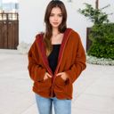 Brown Large Open-Front Textured  Jacket with Hood and Front Pockets