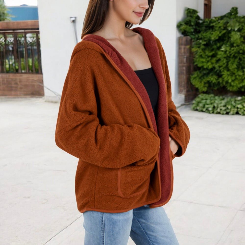 Open-Front Textured  Jacket with Hood and Front Pockets