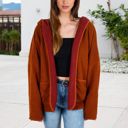 Brown Large Open-Front Textured  Jacket with Hood and Front Pockets