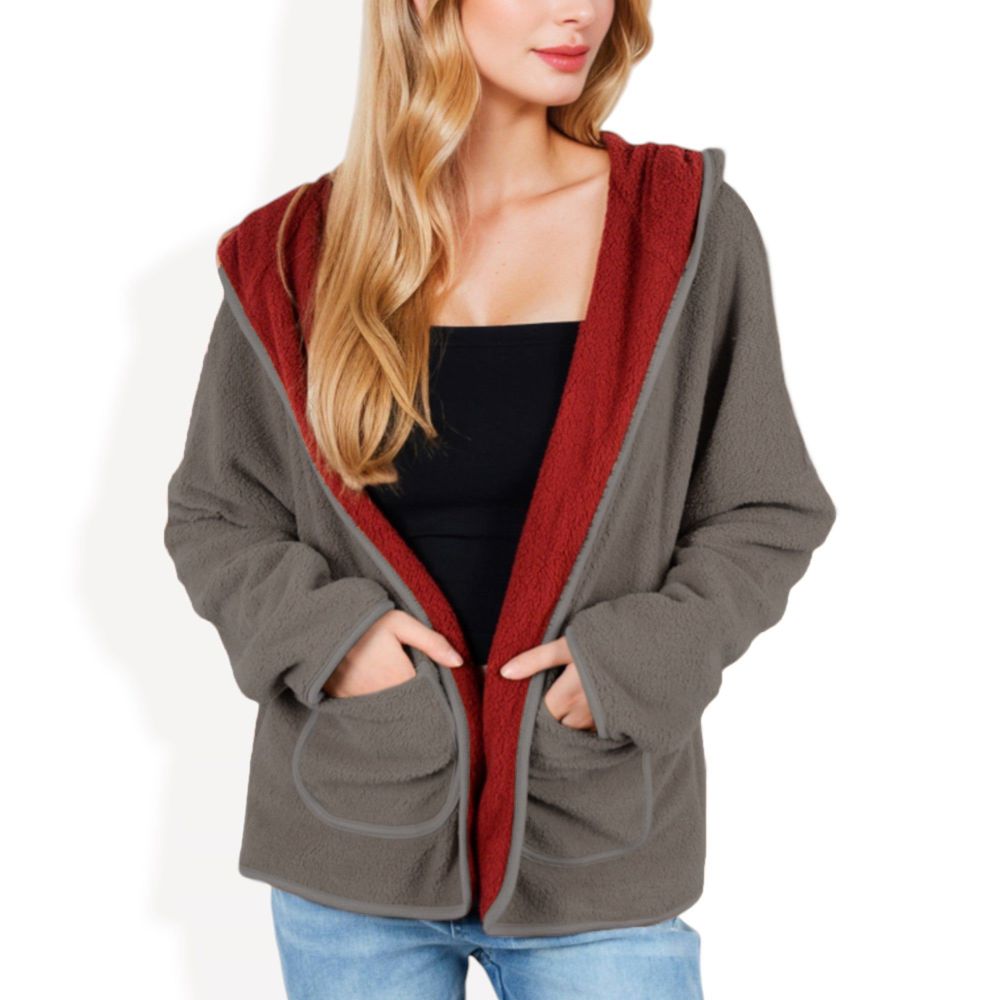 Open-Front Textured  Jacket with Hood and Front Pockets